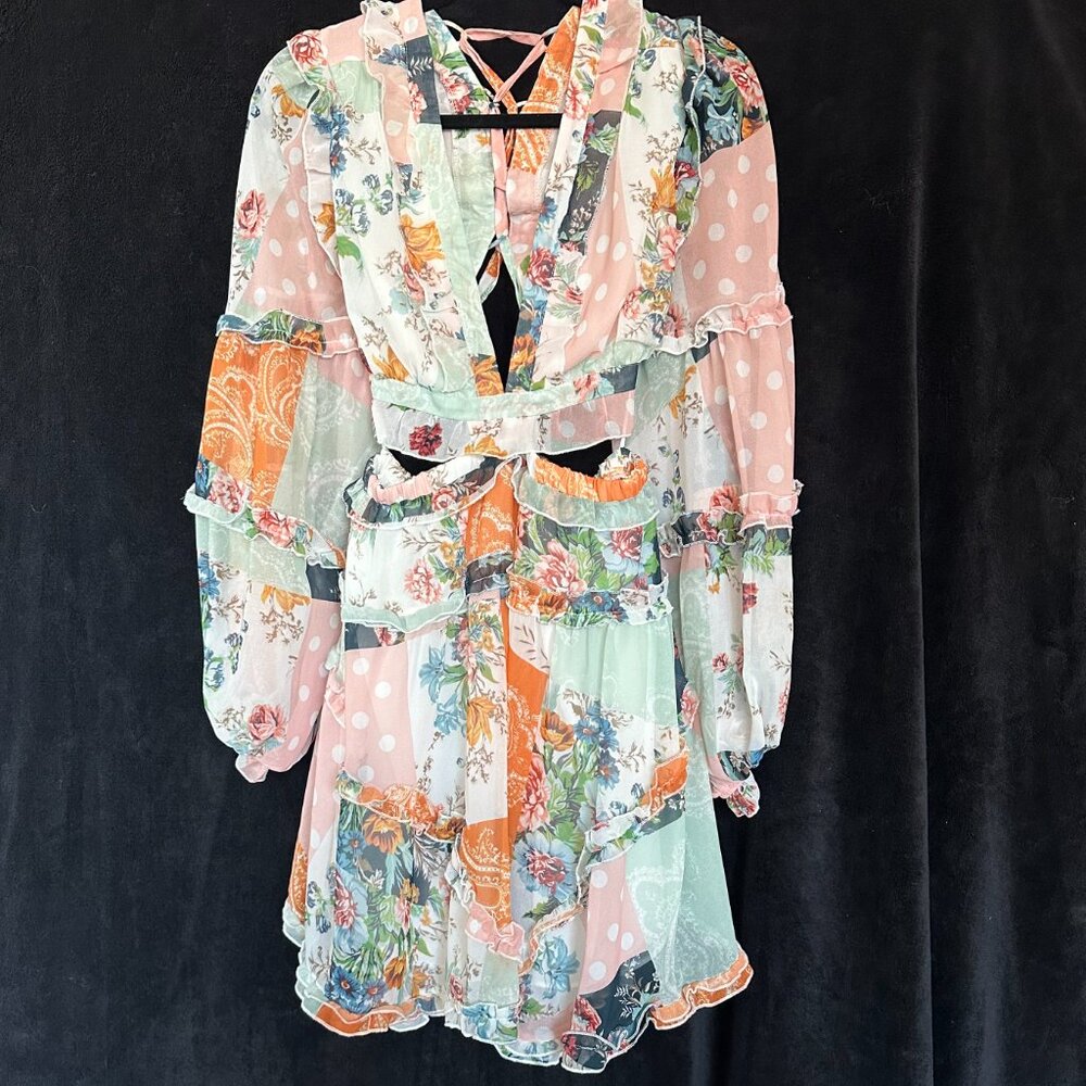 Luxxel Stefanie Patchwork Ruffle Tiered Cutout Dr… - image 3